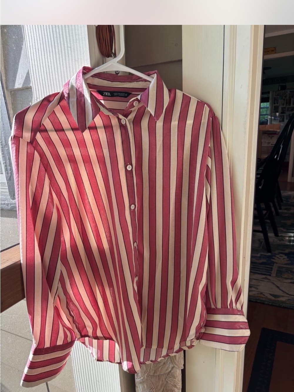 Zara Womens Pink and Cream Vertical Stripe Button-Down Shirt